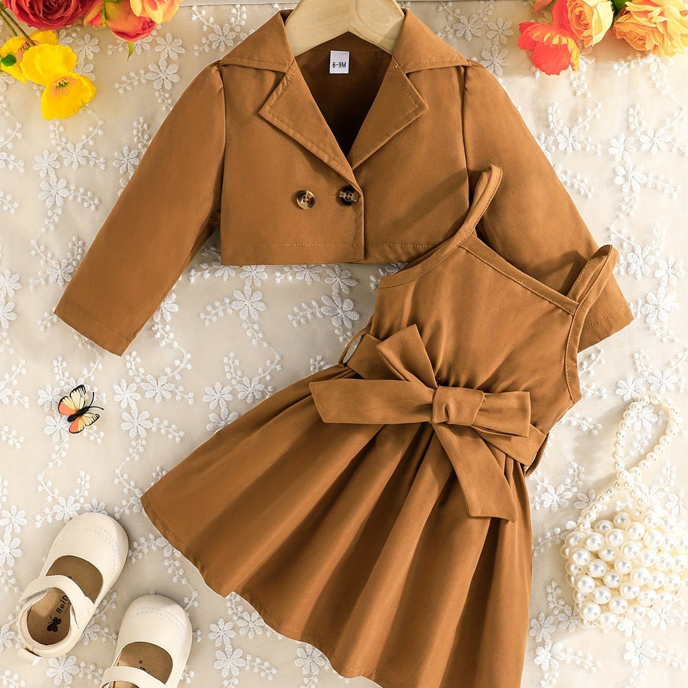 2pcs Baby's Trendy Solid Color Blazer + Belted Sundress, Toddler & Infant Girl's Clothing Set For Spring Fall, Outdoor Cloth Good Vibrations