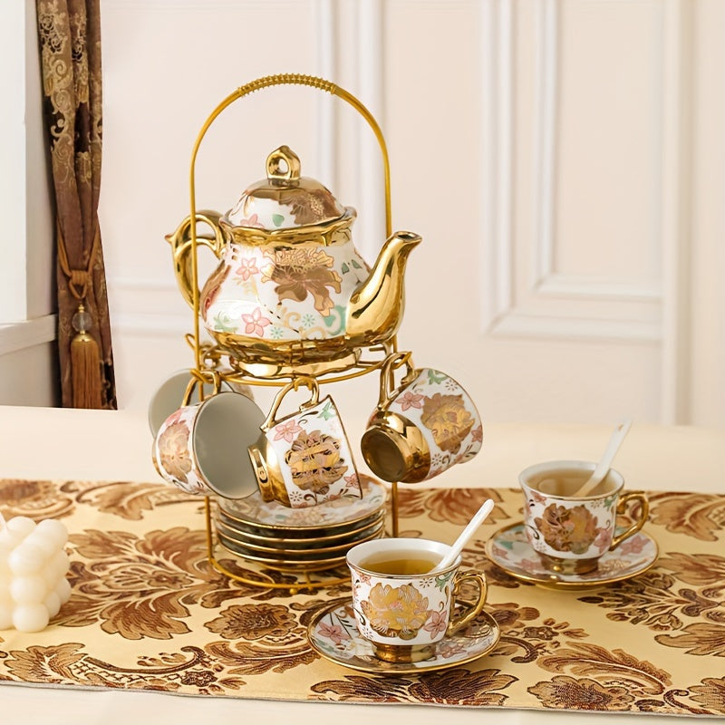 1set Ceramic Tea Set, European Style Afternoon Tea Set, With Metal Tea Set Holder, Blooming Tea Set, Tea Accessories, Gift For Tea Lover Good Vibrations