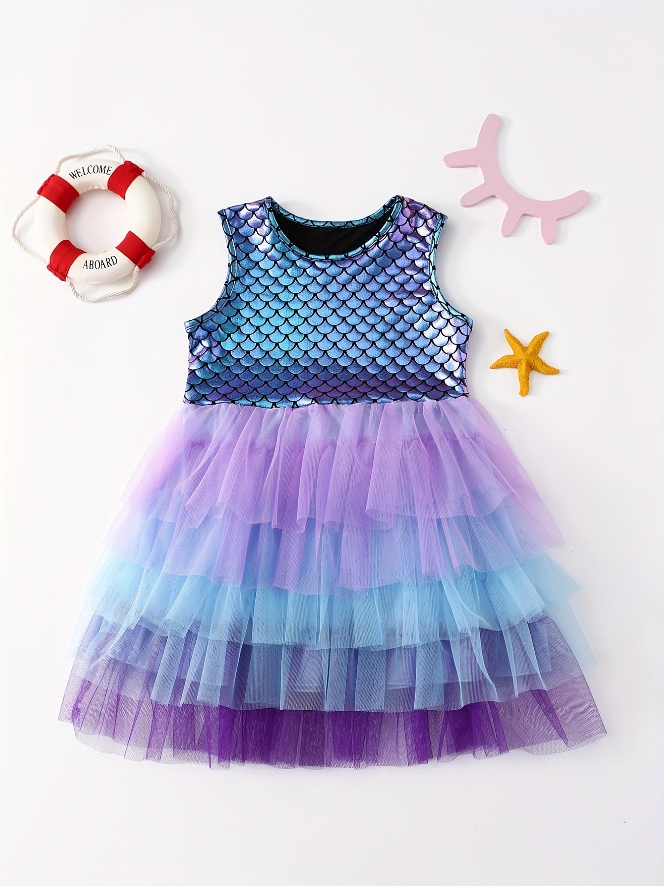 Mermaid Gradient Dress Girls' Casual Summer Short Sleeve Party Puff Skirt Versatile Dress Good Vibrations