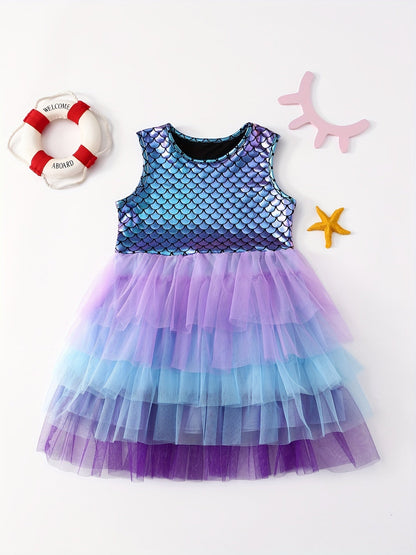 Mermaid Gradient Dress Girls' Casual Summer Short Sleeve Party Puff Skirt Versatile Dress Good Vibrations
