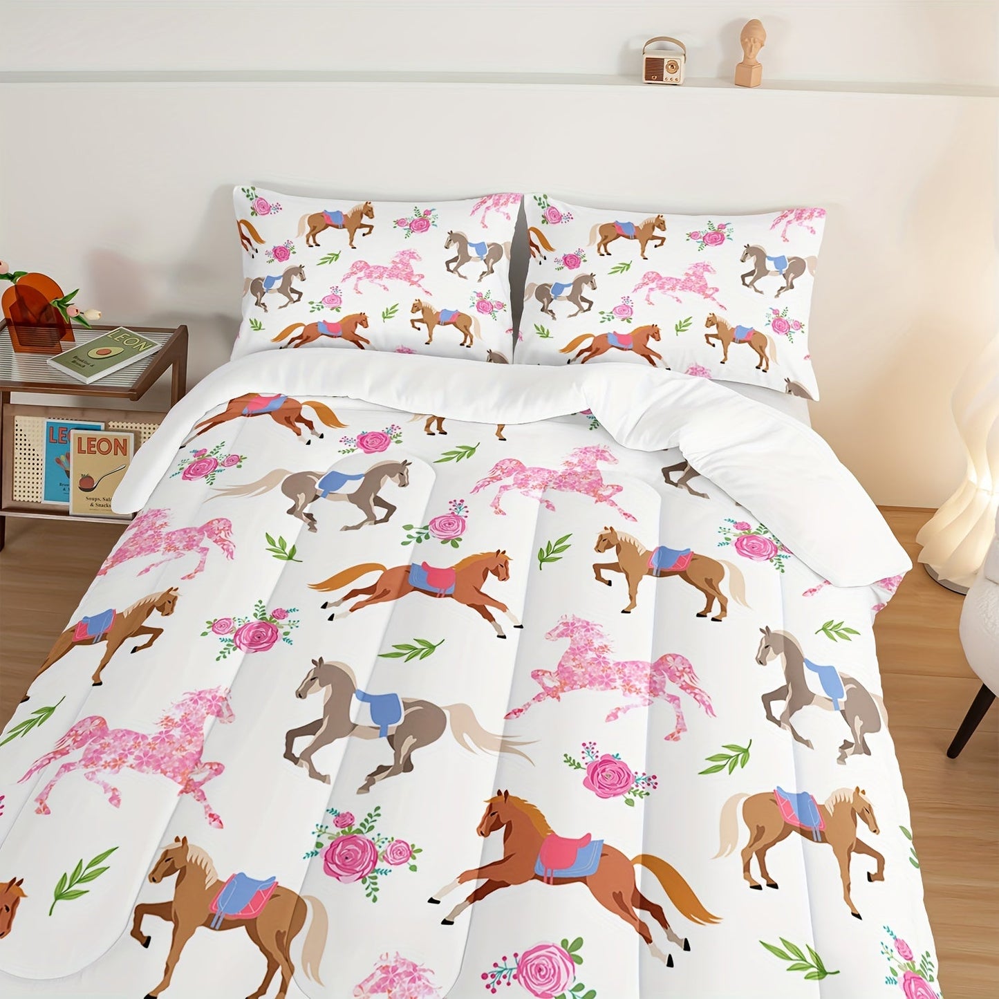3pcs Fashion Comforter Set (1 * Comforter + 2 * Pillowcase, No Core), Cartoon Horse And Rose Print Bedding Set, Soft And Comfortable Skin-friendly For Bedroom, Guest Room Good Vibrations