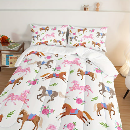 3pcs Fashion Comforter Set (1 * Comforter + 2 * Pillowcase, No Core), Cartoon Horse And Rose Print Bedding Set, Soft And Comfortable Skin-friendly For Bedroom, Guest Room Good Vibrations