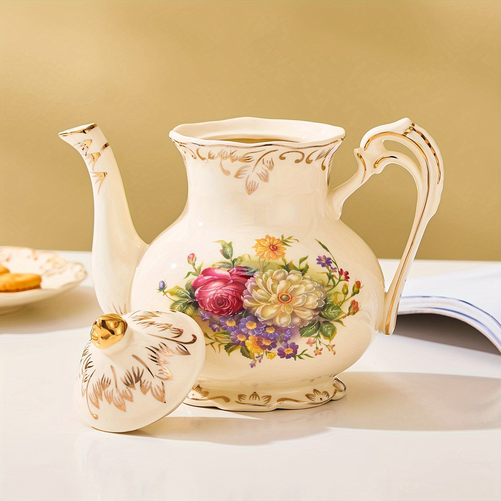 1pc Exquisite Floral Ceramic Coffee Pot - Retro Palace Style Blooming Tea Infuser, European-Inspired Afternoon Tea Set, Round Shaped, Flowers Patterned, Perfect for Home, Office, Hotel, Christmas, Thanksgiving, Valentines Day Good Vibrations