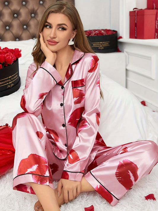 Lipprint printed women's satin pajamas, long sleeved pants, sexy home clothing set Good Vibrations