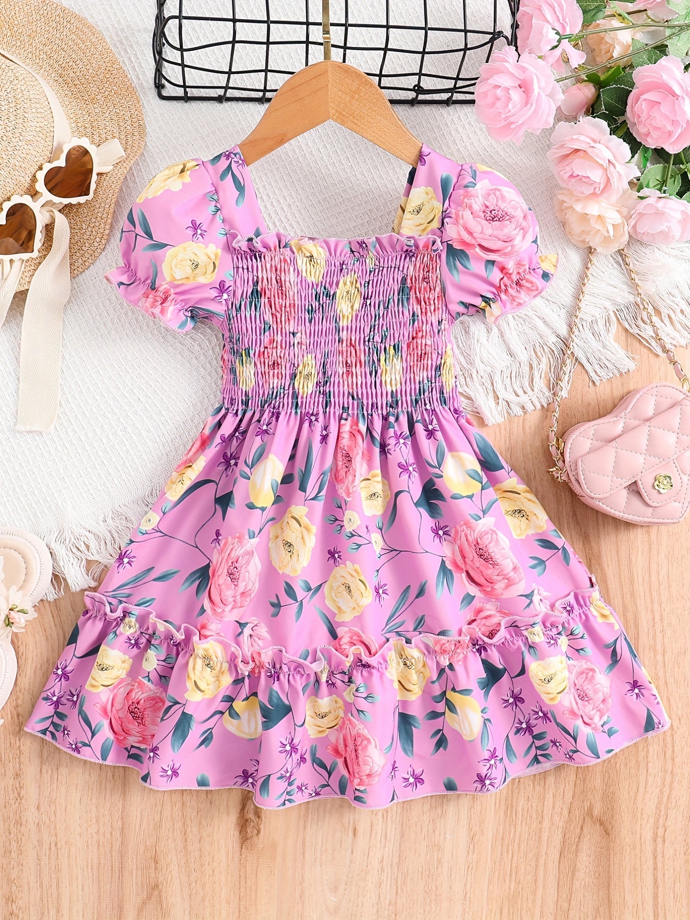 [Floral Party Dress] Floral Puff Sleeve Girls Party Dress | Shirred Ruffled Hem Kids Summer Clothes Good Vibrations