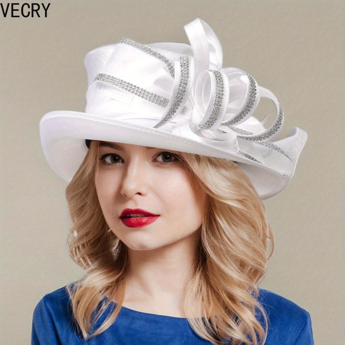 [Crystal Derby Hat] VECRY Wide Brim Crystal Derby Dress Hat - Ladies Church Tea Party Wedding Hats Good Vibrations