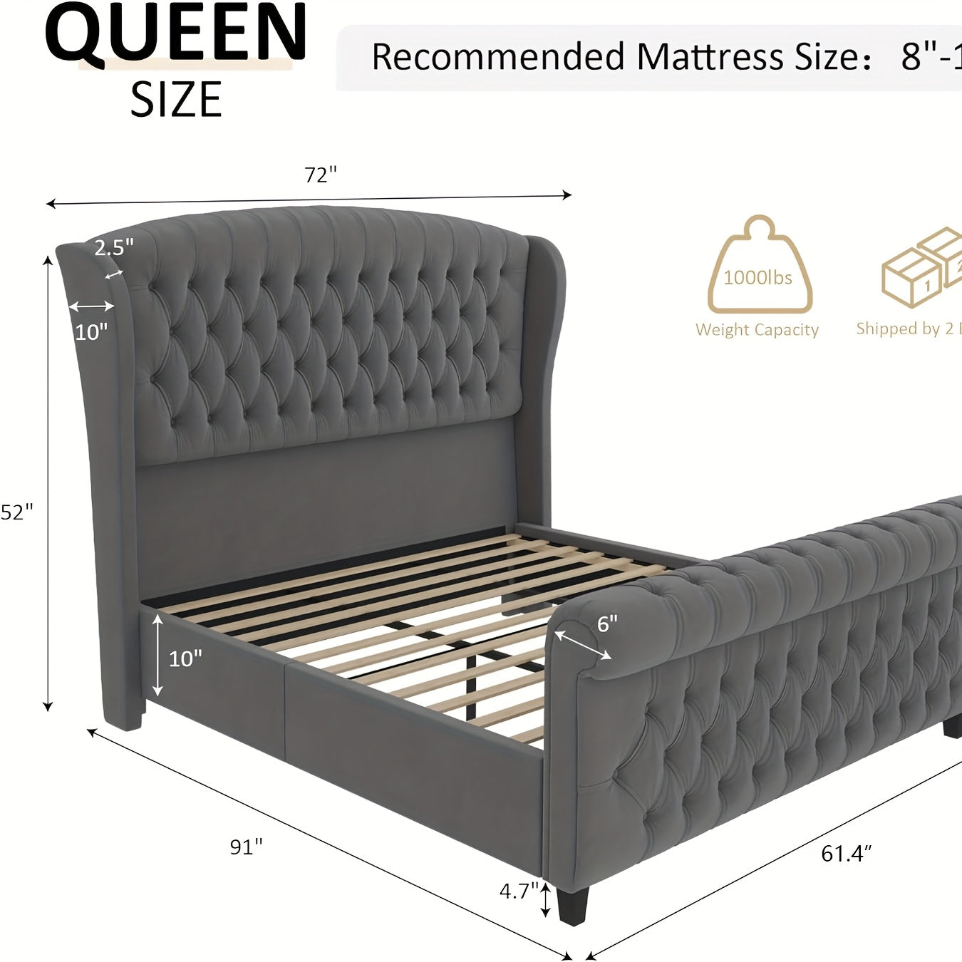 Platform Bed Frame, Chenille Upholstered Sleigh Bed with Scroll Wingback Headboard & Footboard/Button Tufted/No Box Spring Required/ Good Vibrations