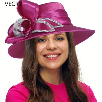 VECRY Women's Satin Church Derby Tea Party Hats with Rhinestones - Elegant Headwear for Special Occasions Good Vibrations