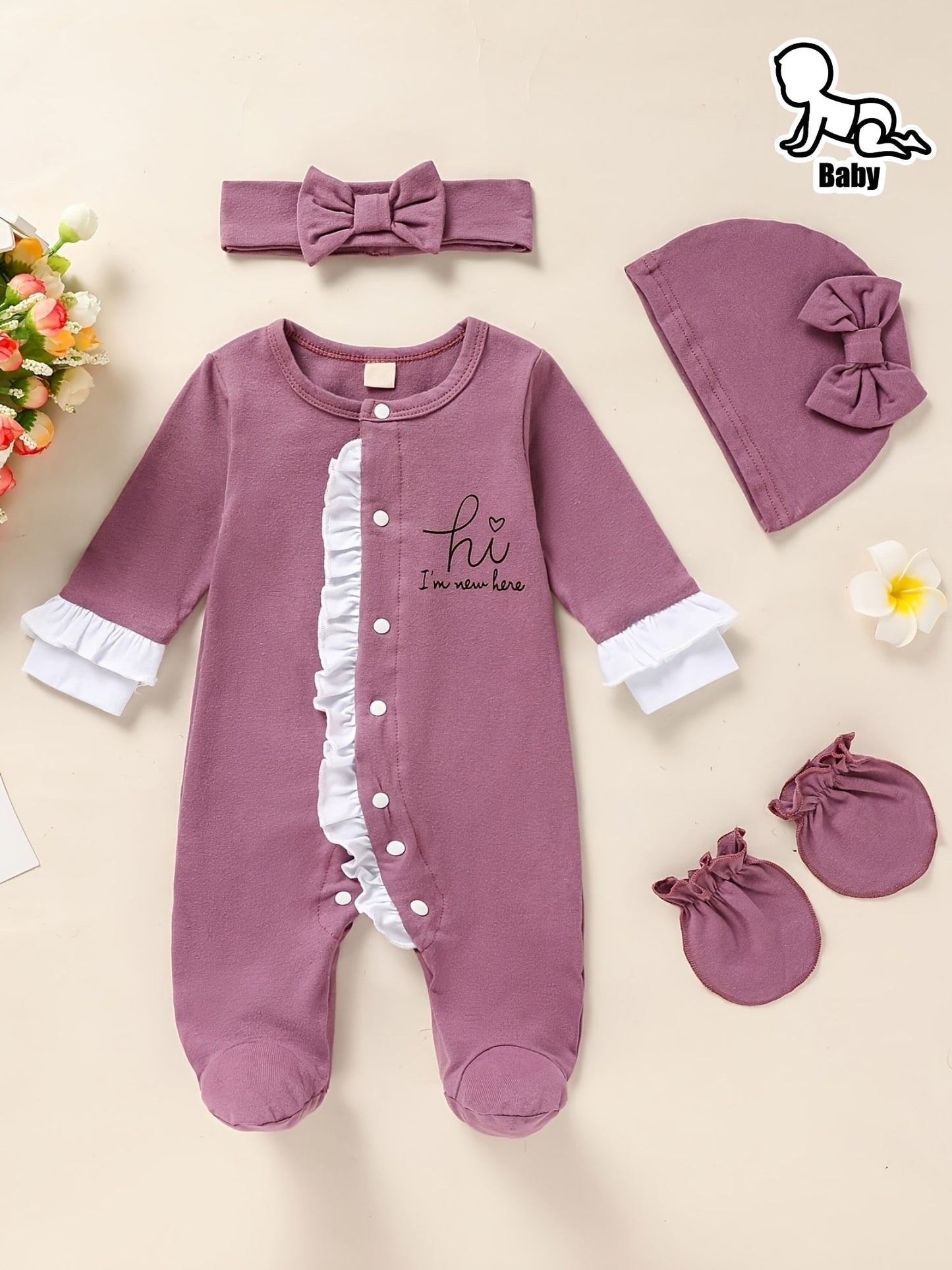 Newborn Baby Girl Clothes, Letter Print Footed Romper Jumpsuit & Headband & Hat & Baby Mittens, Cute Infant Clothing Set Good Vibrations