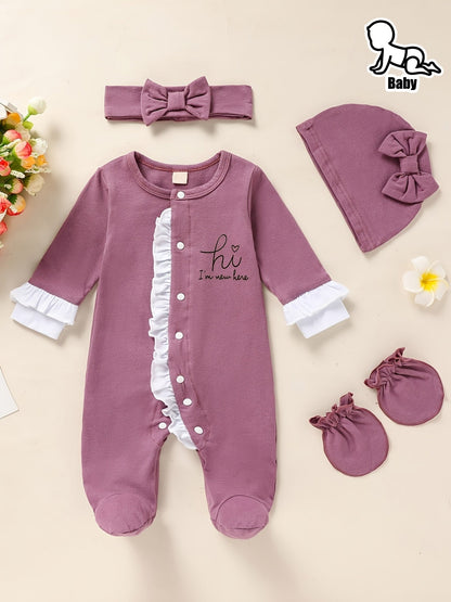 Newborn Baby Girl Clothes, Letter Print Footed Romper Jumpsuit & Headband & Hat & Baby Mittens, Cute Infant Clothing Set Good Vibrations