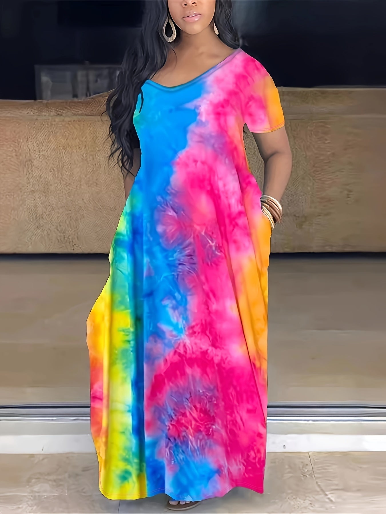 [Tie Dye Maxi Dress] Elegant Plus Size Maxi Dress | Women's Tie Dye Print Short Sleeve with Pocket, Medium Stretch Long Dress Good Vibrations