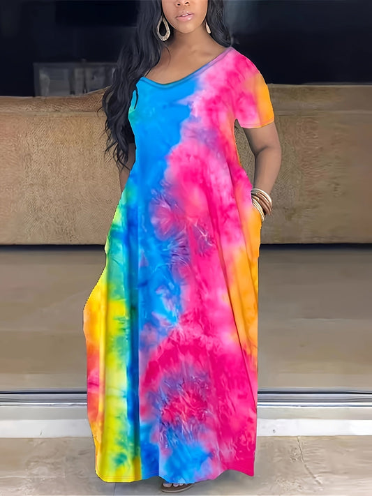 [Tie Dye Maxi Dress] Elegant Plus Size Maxi Dress | Women's Tie Dye Print Short Sleeve with Pocket, Medium Stretch Long Dress Good Vibrations