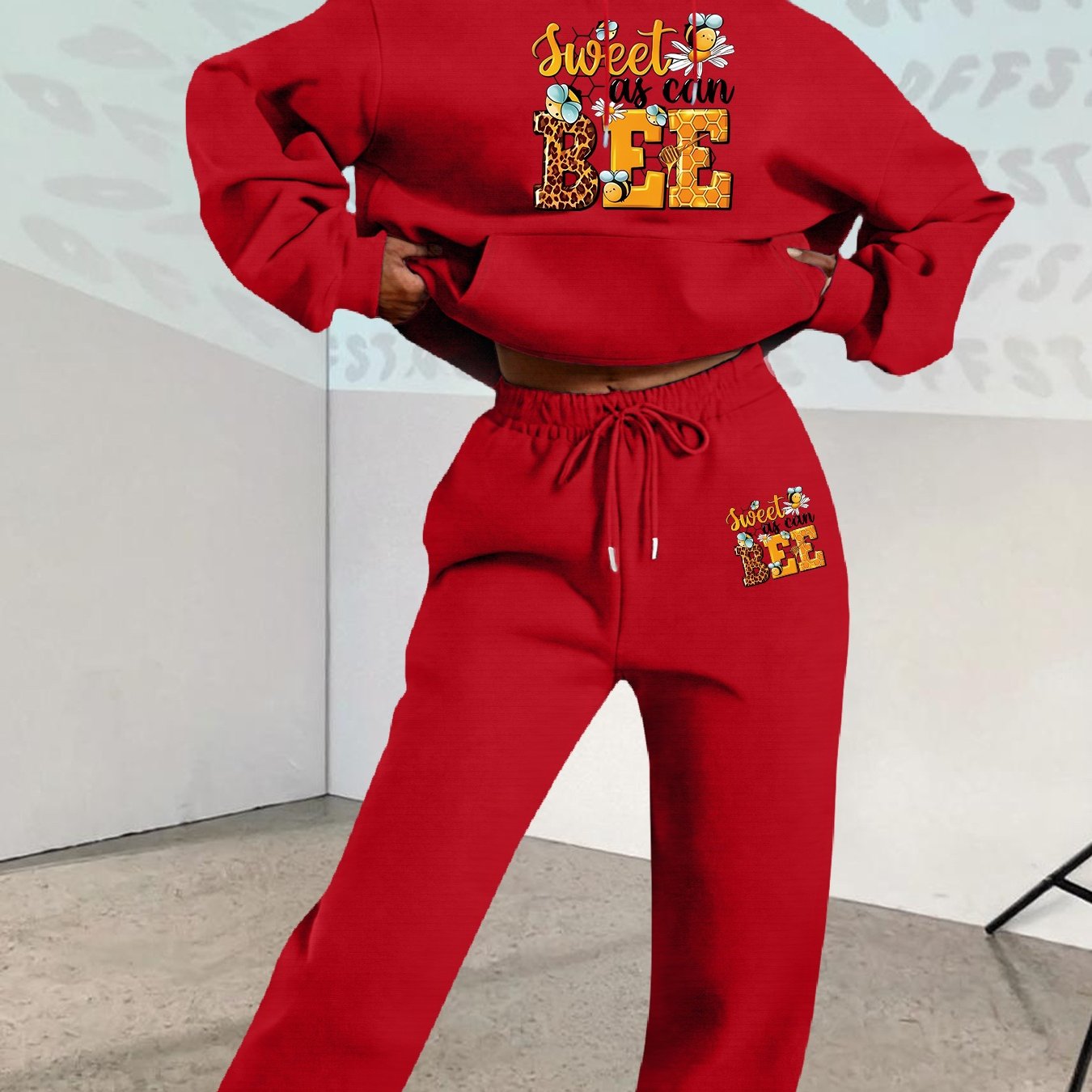 2025 Autumn Winter New Arrival, Sweet Cool Long Neck Deer Pattern Suit, Casual Letter Print Loose Warm Long Sleeve Hooded Sweatshirt with Elastic Drawstring Waist Pants Two-Piece Set, Women Two-piece Set Large Size Striped Ch Good Vibrations