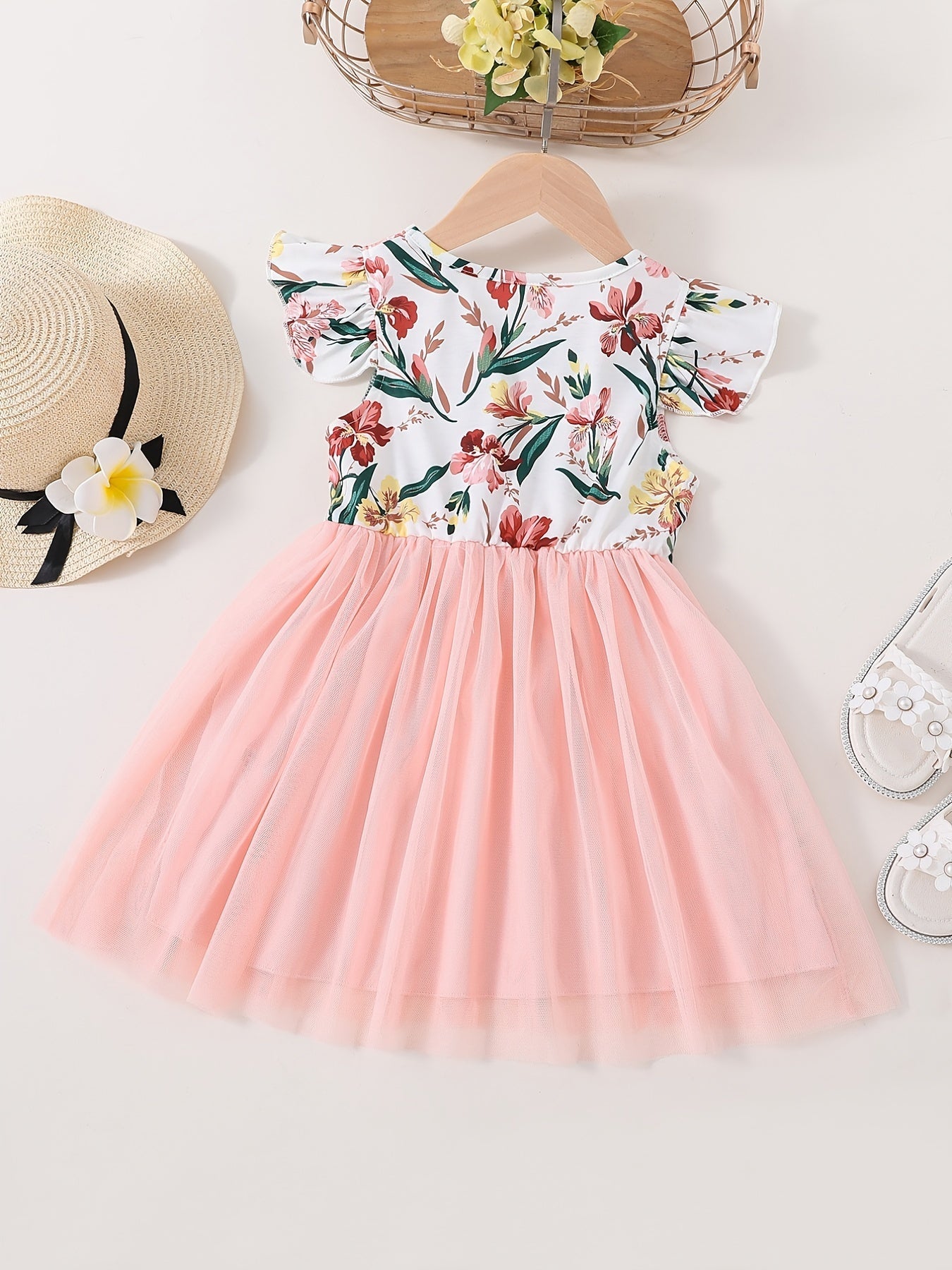 Girls' Floral dress - Floral print party & Everyday summer dress, Pastel pink Floral skirts, Machine Washable Girls' Clothing for Birthdays, Garden Parties, Family Outings - HWMFSNHFZ, Round Neckline Top, Nontransparent Fabri Good Vibrations