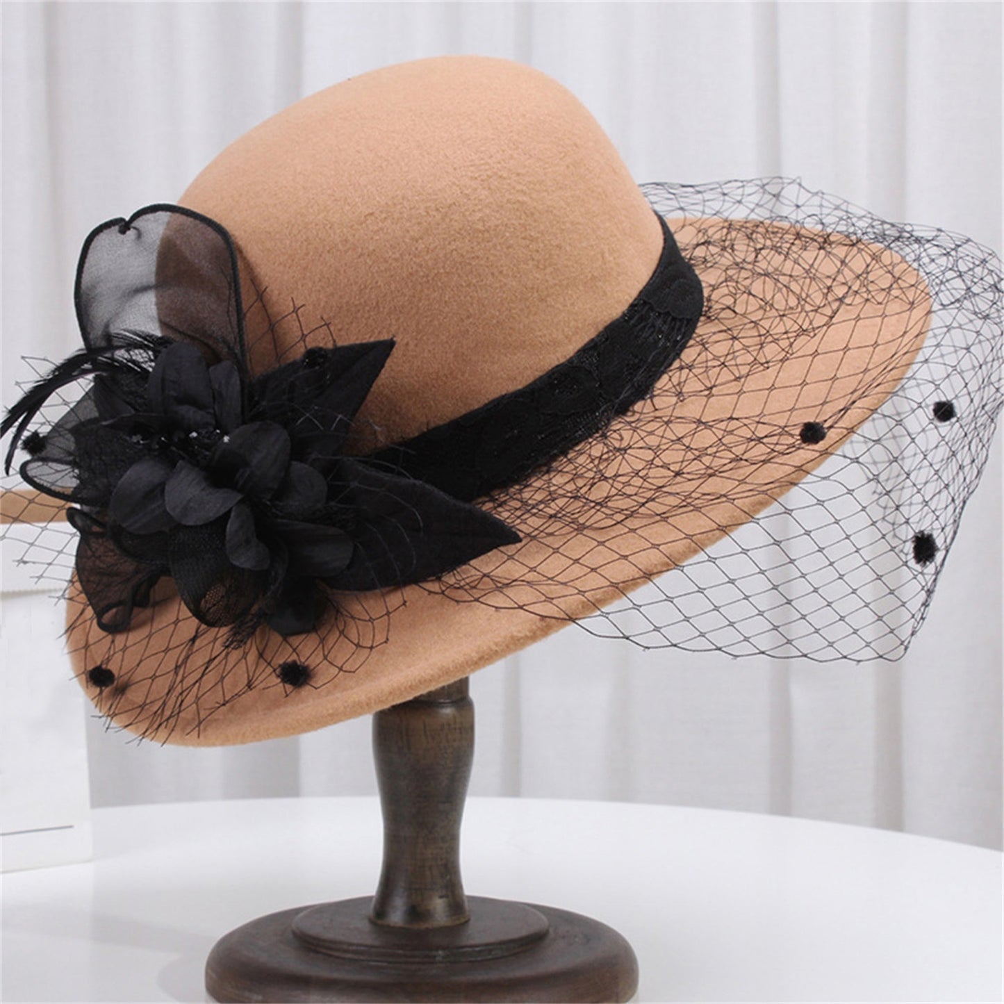 Women's Wide Brim Fedora Hat with Black Lace Veil & Floral Decor - Non- Derby Cap for Church, Bridal Tea Party, Formal Events Good Vibrations