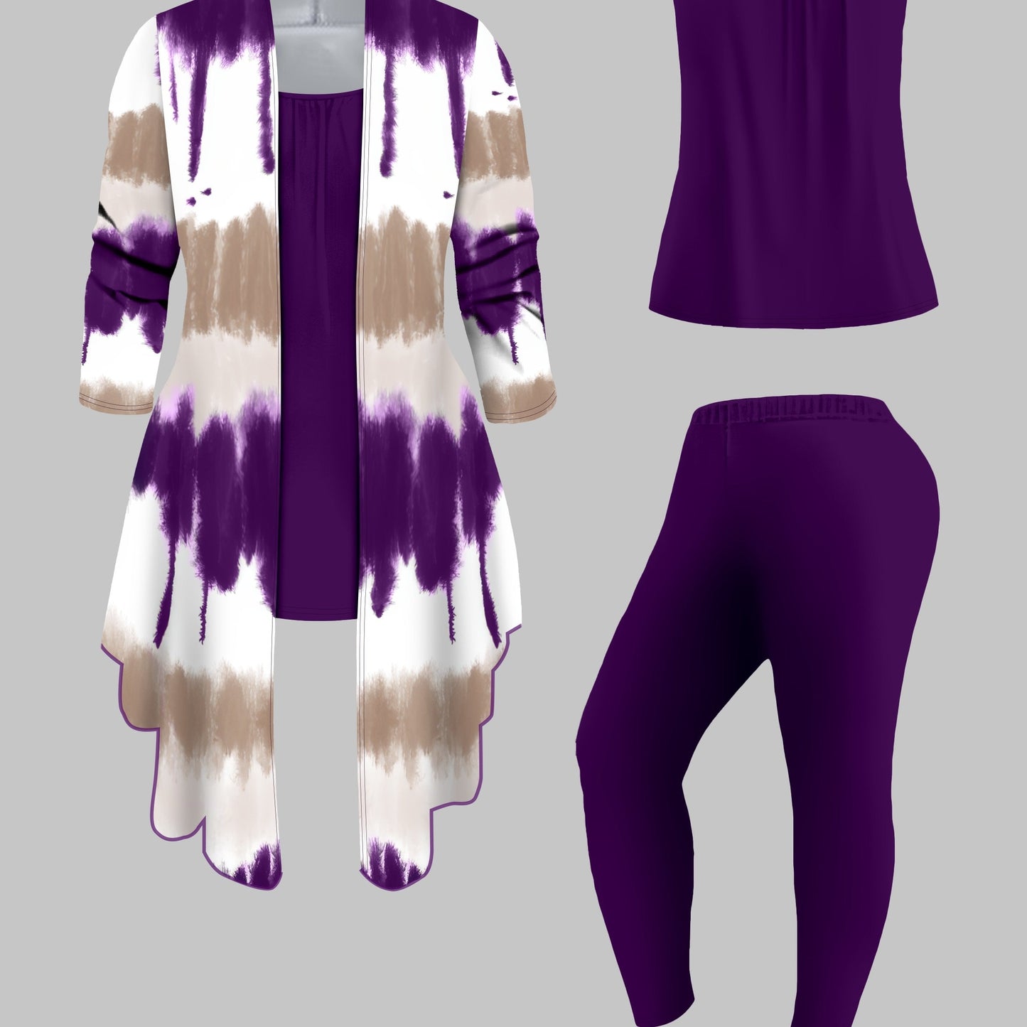 Three-Piece Plus Size Tie Dye Open Front Top & Solid Color Cami Top & Elastic Waist Pants Outfits, Women's Casual Clothing Set Good Vibrations