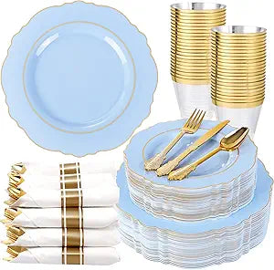 350Pcs Bule Plastic Plates - Disposable Bule And Gold Plates 50Guest Baroque Plastic Dinnerware Lude 100Plates, 50Pa Pre Rolled Good Vibrations
