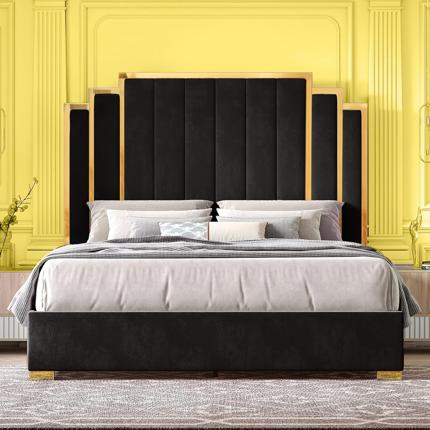 Papajet Golden Trimmed Upholstered Bed Frame with 61-Inch Headboard - Modern Platform Style Good Vibrations
