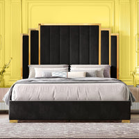 Papajet Golden Trimmed Upholstered Bed Frame with 61-Inch Headboard - Modern Platform Style Good Vibrations