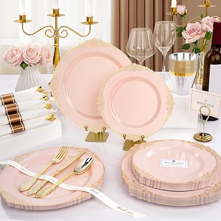 350 Pcs Pink And Gold Plastic Plates, Plastic Dinnerware Set For 50 Guests, 100 Disposable Plates, 150 Silverwares, 50 Cups, 50 Good Vibrations