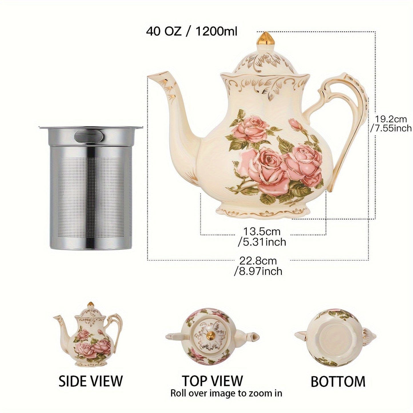 1pc Exquisite Floral Ceramic Coffee Pot - Retro Palace Style Blooming Tea Infuser, European-Inspired Afternoon Tea Set, Round Shaped, Flowers Patterned, Perfect for Home, Office, Hotel, Christmas, Thanksgiving, Valentines Day Good Vibrations