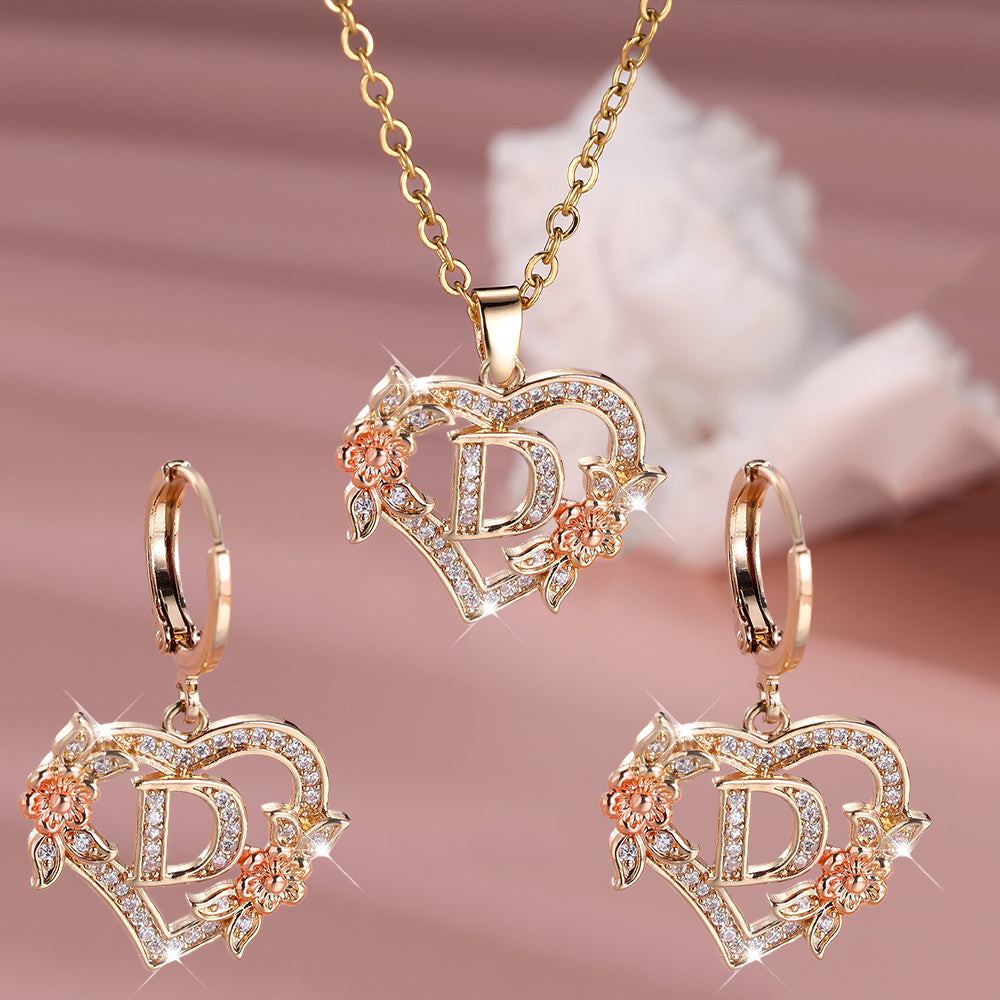3pcs Women's Jewelry Set - Heart-Shaped Interlocking Link Necklace & Earrings with 26-Letter Monogram, Elegant Golden-Tone -Accented Letters, Dainty Everyday Gift for Mother's Day, Graduation, Birthdays (Pink & Clear Good Vibrations