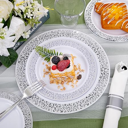 175Pcs Silver Dinnerware Sets, Lude:25 Dinner Plates, 25 Dessert Plates, 25 Paper Napkins, 25 Cups, 75 Silver Silverware Set Good Vibrations
