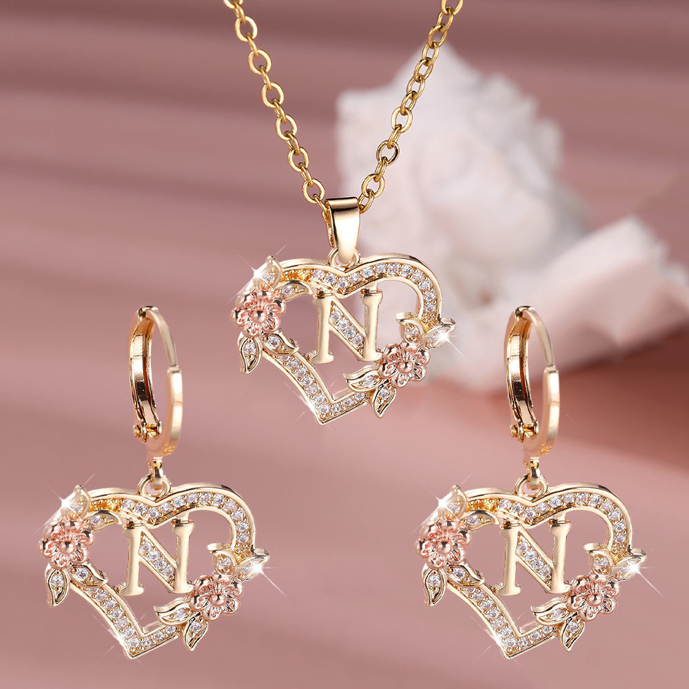 3pcs Women's Jewelry Set - Heart-Shaped Interlocking Link Necklace & Earrings with 26-Letter Monogram, Elegant Golden-Tone -Accented Letters, Dainty Everyday Gift for Mother's Day, Graduation, Birthdays (Pink & Clear Good Vibrations