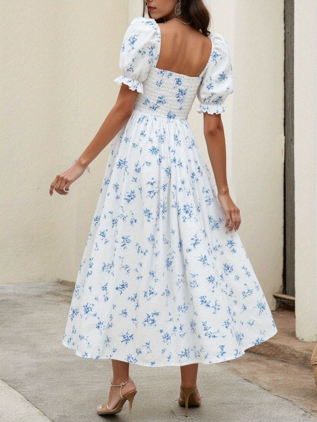 Elegant Spring/Summer Women's French Floral tea party dress - Square neck, Non-Stretch flared skirt for casual outing Good Vibrations