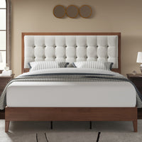 PaPaJet Wood Platform Bed Frame Upholstered Tufted Headboard/Solid Wood Bed No Box Spring Needed Good Vibrations