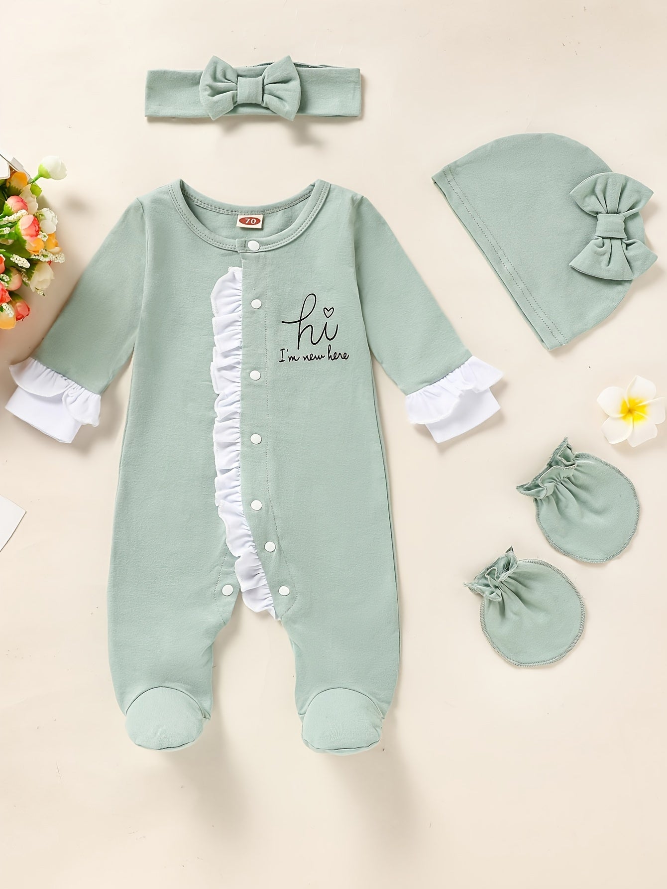 Newborn Baby Girl Clothes, Letter Print Footed Romper Jumpsuit & Headband & Hat & Baby Mittens, Cute Infant Clothing Set Good Vibrations