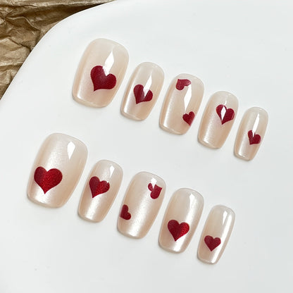 10pcs Handmade Short Ballet Nail Art Set - Glossy Red & Pink Heart Design with Glittery Gel Polish, Reusable Full Cover Press-On Nails with Hearts & Cuticle Wheel for Valentine's Day, Parties, Casual Attire - Easy Application Good Vibrations