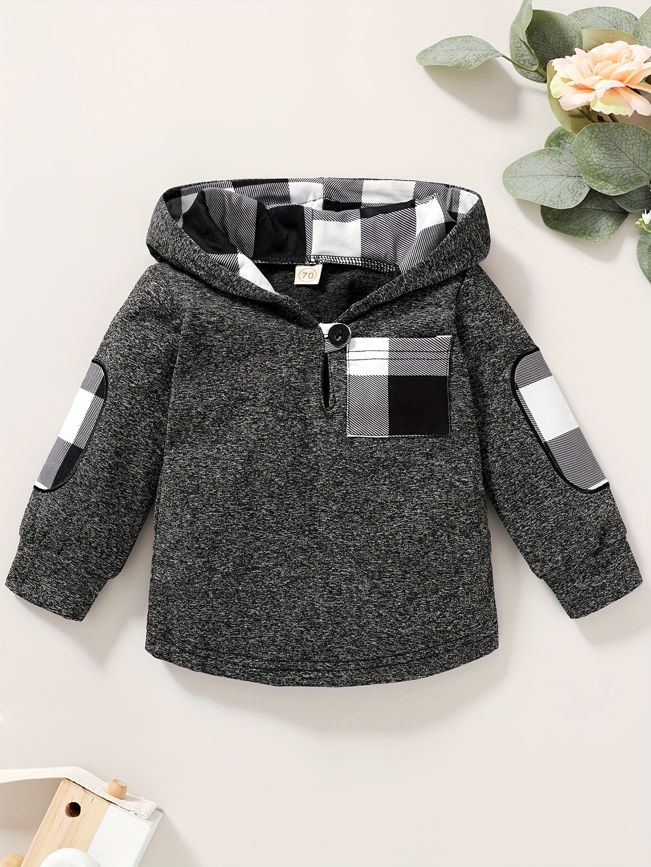 2pcs Baby's Plaid Pattern Splicing Hoodie & Casual Pants, Toddler & Infant Boy's Clothing Set For Spring Fall Good Vibrations