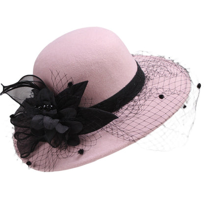 Women's Wide Brim Fedora Hat with Black Lace Veil & Floral Decor - Non- Derby Cap for Church, Bridal Tea Party, Formal Events Good Vibrations