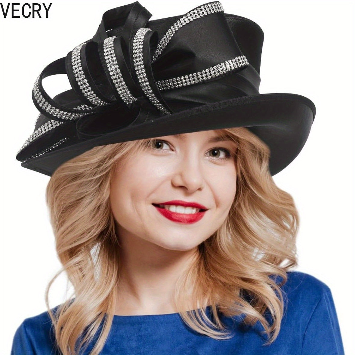 [Crystal Derby Hat] VECRY Wide Brim Crystal Derby Dress Hat - Ladies Church Tea Party Wedding Hats Good Vibrations