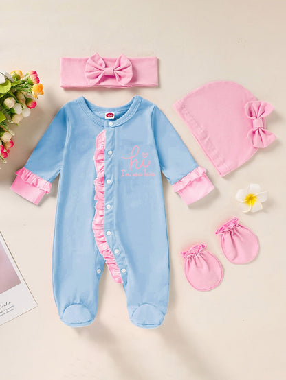Newborn Baby Girl Clothes, Letter Print Footed Romper Jumpsuit & Headband & Hat & Baby Mittens, Cute Infant Clothing Set Good Vibrations