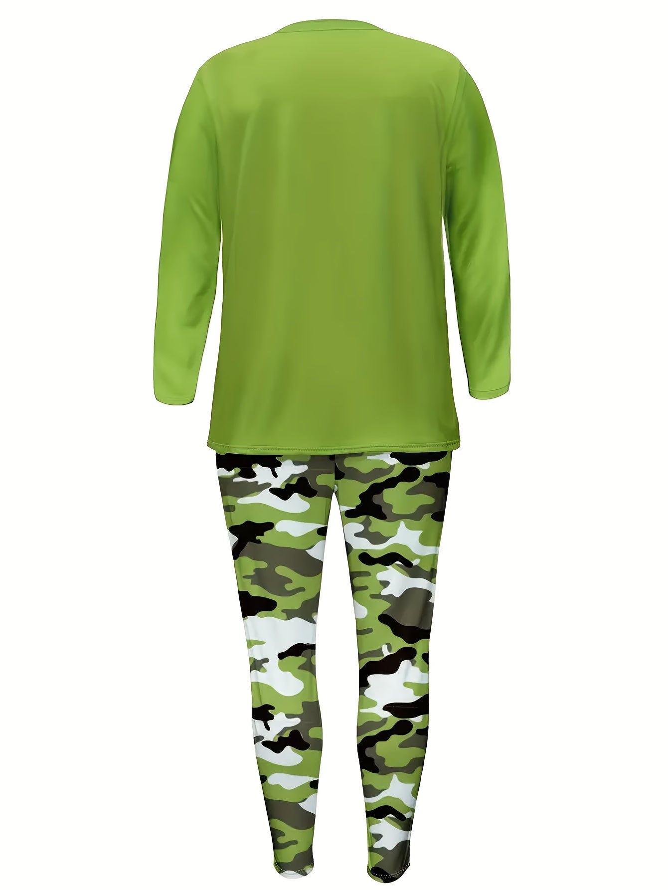 [Camouflage Printed Set] Plus Size - Plus Size - Plus Size - Women's Casual Camouflage Printed Long Sleeve T-Shirt & Sweatpants Set - Green, White, And Black, Round Neck, Medium Stretch, Pockets, Perfect for Casual Attire, Ev Good Vibrations