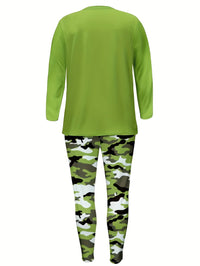 [Camouflage Printed Set] Plus Size - Plus Size - Plus Size - Women's Casual Camouflage Printed Long Sleeve T-Shirt & Sweatpants Set - Green, White, And Black, Round Neck, Medium Stretch, Pockets, Perfect for Casual Attire, Ev Good Vibrations