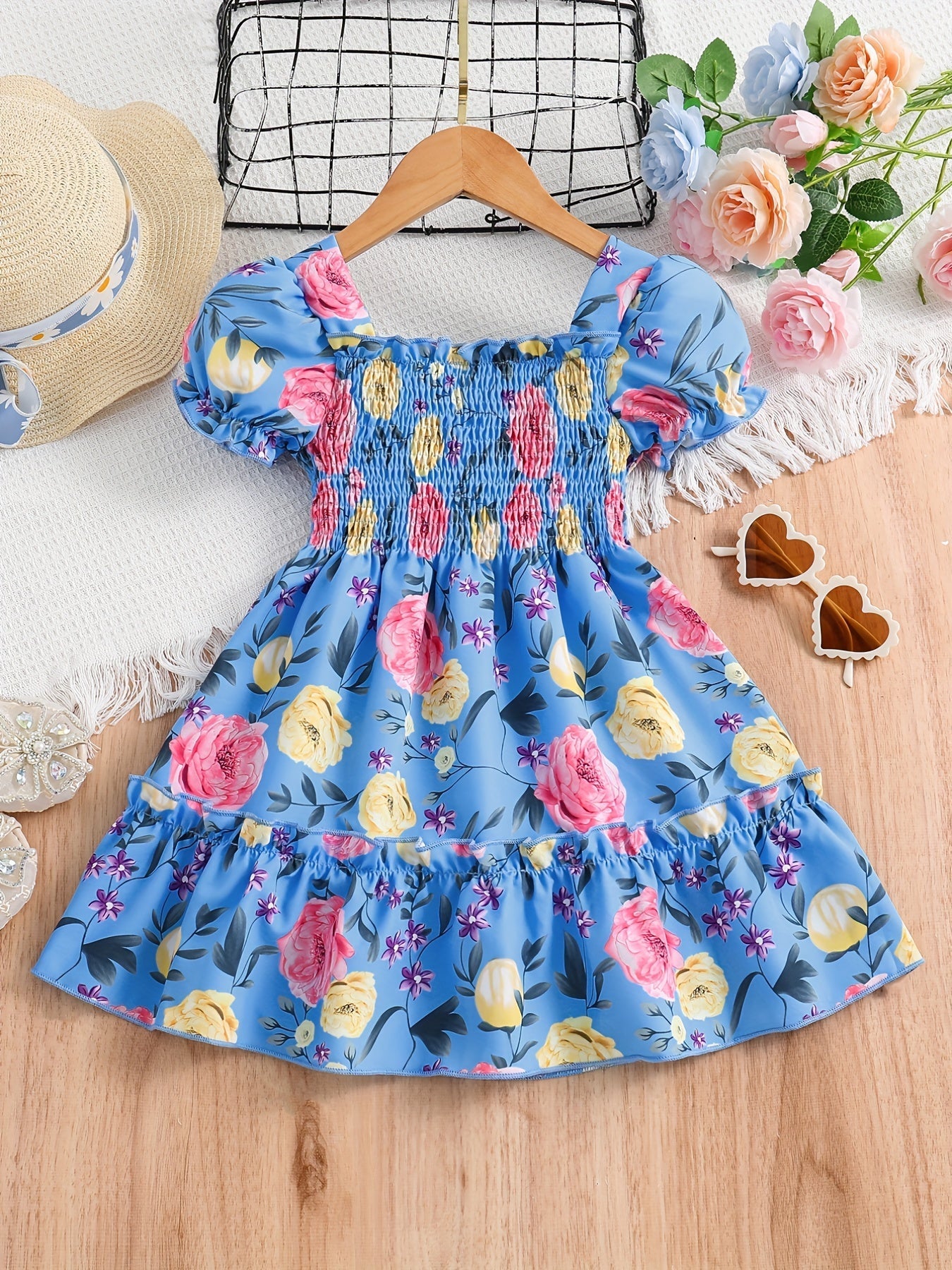 [Floral Party Dress] Floral Puff Sleeve Girls Party Dress | Shirred Ruffled Hem Kids Summer Clothes Good Vibrations