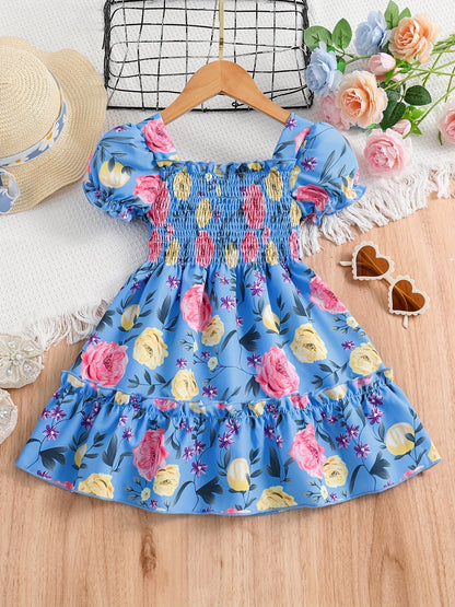 [Floral Party Dress] Floral Puff Sleeve Girls Party Dress | Shirred Ruffled Hem Kids Summer Clothes Good Vibrations