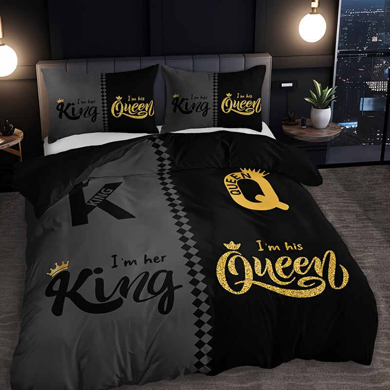 3pcs Black & Grey Crown Lettering Duvet Cover Set (1 Duvet Cover + 2 Pillowcases) - High Definition Printing For Home & Dorm Decor, Comforter Not Included Good Vibrations