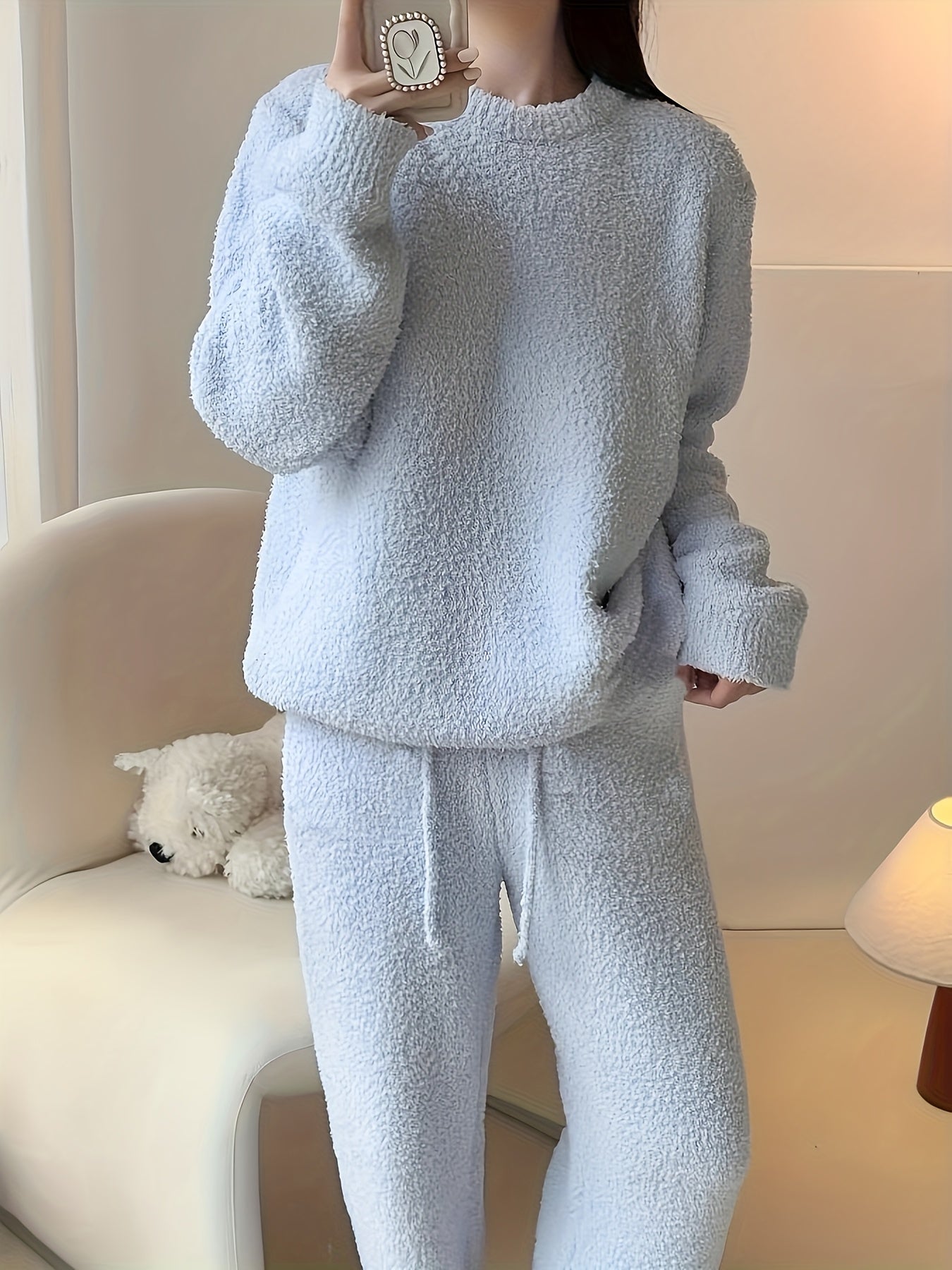 Women'S Cozy Fleece Set - Soft Long Sleeve Top & Pants, Gray, Casual Crew Neck, Perfect for Fall/Winter, Comfortable Home Wear, Cozy Clothing | Relaxed Fit Pants | Soft Fleece Material For Women Set For Women For Women Good Q Good Vibrations