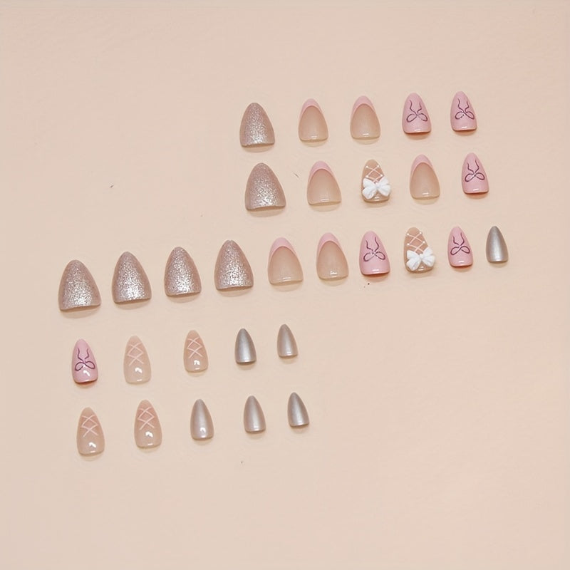 Pink Sweet Bow Press-On Nail Tips - Almond Shape, Medium Length, Glossy Finish Good Vibrations