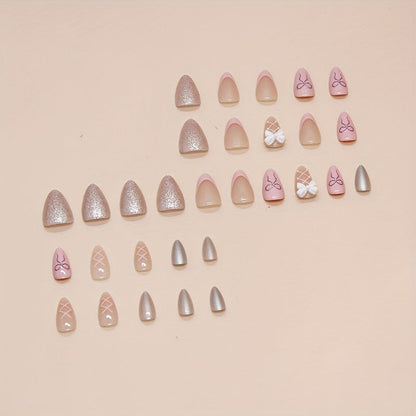 Pink Sweet Bow Press-On Nail Tips - Almond Shape, Medium Length, Glossy Finish Good Vibrations