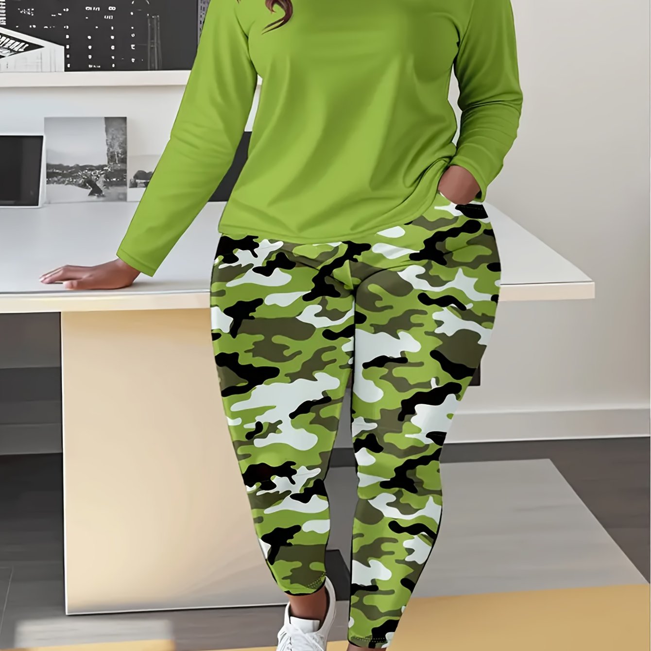 [Camouflage Printed Set] Plus Size - Plus Size - Plus Size - Women's Casual Camouflage Printed Long Sleeve T-Shirt & Sweatpants Set - Green, White, And Black, Round Neck, Medium Stretch, Pockets, Perfect for Casual Attire, Ev Good Vibrations