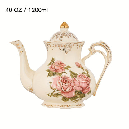1pc Exquisite Floral Ceramic Coffee Pot - Retro Palace Style Blooming Tea Infuser, European-Inspired Afternoon Tea Set, Round Shaped, Flowers Patterned, Perfect for Home, Office, Hotel, Christmas, Thanksgiving, Valentines Day Good Vibrations