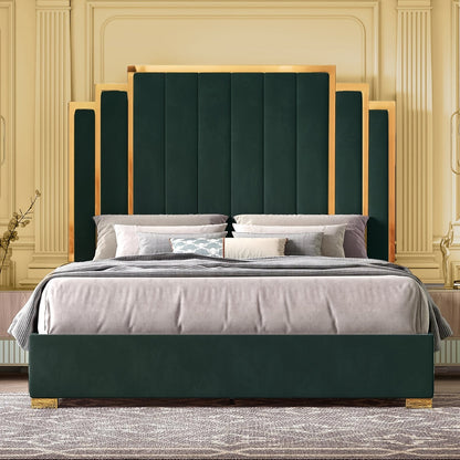 Papajet Golden Trimmed Upholstered Bed Frame with 61-Inch Headboard - Modern Platform Style Good Vibrations