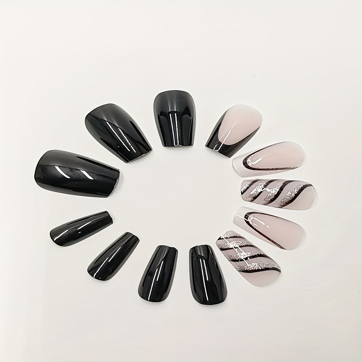 24 Pcs Black Striped Glitter Press-On Nail Tips with Jelly Glue and Nail File Good Vibrations