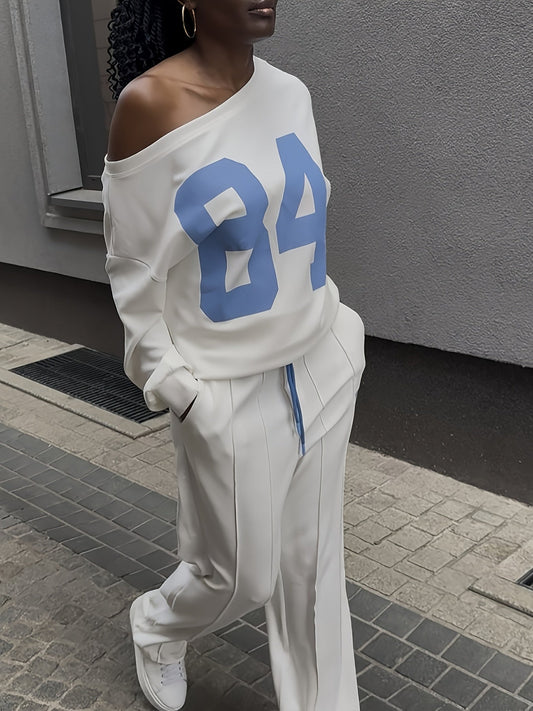 Autumn Women'S Casual Style Letter Print Long Sleeve Pullover Sweatshirt Paired with Casual Drawstring Wide-Leg Pants Set, Casual Set For Women, Women Pant Set Outfit, Set Women Outfit Fall, Set Women Outfit Casual, Co Ord Se Good Vibrations