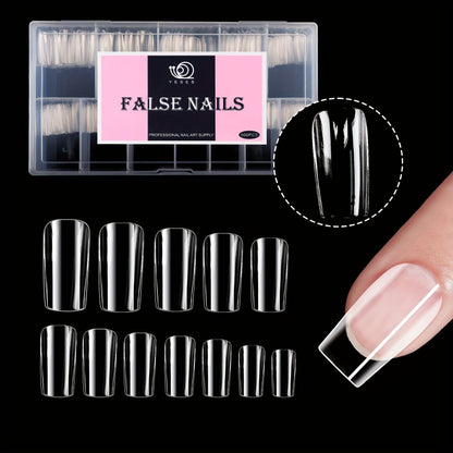 500 Medium Square Full Clear False Nail Patch - Pre-formed semi-matte full cover acrylic gel kit False nail tips pressed on nails for nail extension DIY salon Good Vibrations